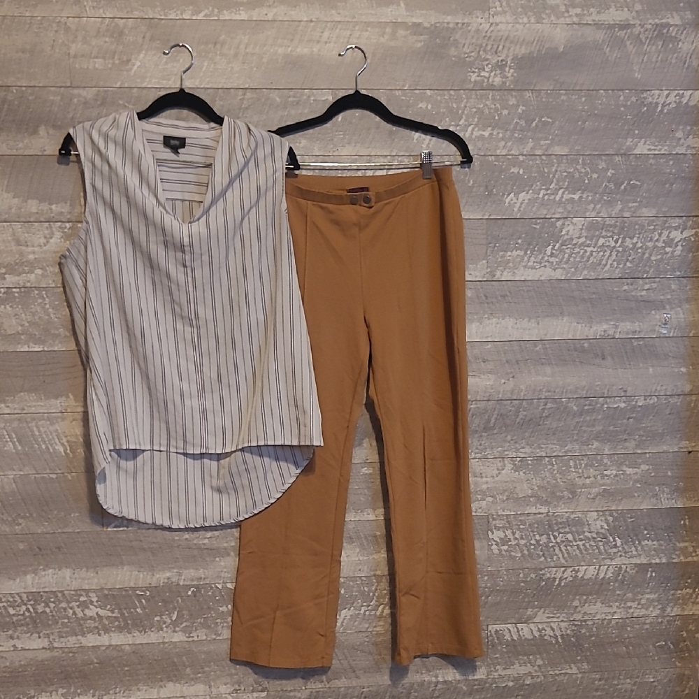 Set Of Mossimo White Pinstripe Hi-low Tank And Camel Boot Cut Stella Rose Pants